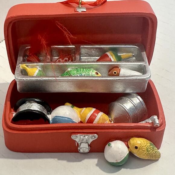 Miniature Fishing Tackle Box Ornament Red Resin Bobbers Lures Fish Decor 3.5" - Picture 5 of 9